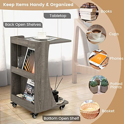 Tangkula C-Shaped End Table, Small Sofa/Couch Side Table Snack Table with 3-Tier Back Compartment, Wheels with Brakes, Modern Rolling Nightstand for Living Room, Bedroom, Small Space (1, Grey)