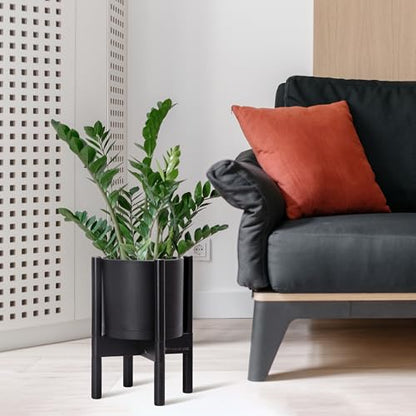 D'vine Dev Plastic Pot with Ebony Wood Stand, Black, 8 in, 55-C-K-2 | Mid-Century Inspired Design, Elevated Plant Display, Clean Lines, Sturdy Support, Modern Space-Saving Style - color: Matte Black Pot + Ebony Stand, size: 8 Inch