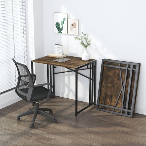 Lutown-Teen 32 inch Small Folding Computer Desk, Writing Gaming Computer Desk for Small Spaces, No Assembly Required Home Office Desk, Rustic Brown - color: Rustic Brown, size: 32 Inch