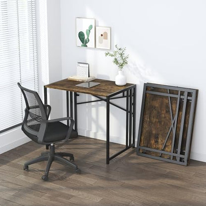 Lutown-Teen 32 inch Small Folding Computer Desk, Writing Gaming Computer Desk for Small Spaces, No Assembly Required Home Office Desk, Rustic Brown - color: Rustic Brown, size: 32 Inch