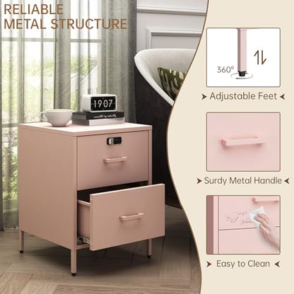 Steehoom Metal Nightstand with Lock, 2 Drawer End Side Table, Lockable Storage Cabinet Kids Cabinet for Living Room, Bedroom, Dorm, 21.26”H X 15.75”W X 15.75”D (2 Drawer, Pink) - color: Pink, style: 2 Drawer