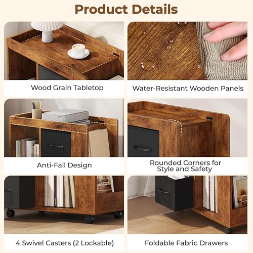 Yaheetech Narrow Side Table with Storage, Wooden Rolling Nightstand Bedside Table with Wheels, Magazine Racks and Open Shelves, End Table with Drawers for Living Room Bedroom, Rustic Brown - color: Rustic Brown