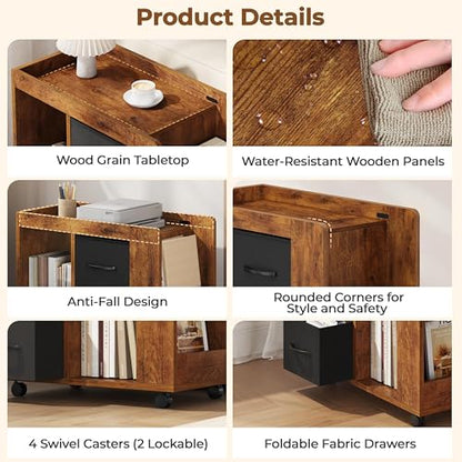 Yaheetech Narrow Side Table with Storage, Wooden Rolling Nightstand Bedside Table with Wheels, Magazine Racks and Open Shelves, End Table with Drawers for Living Room Bedroom, Rustic Brown - color: Rustic Brown