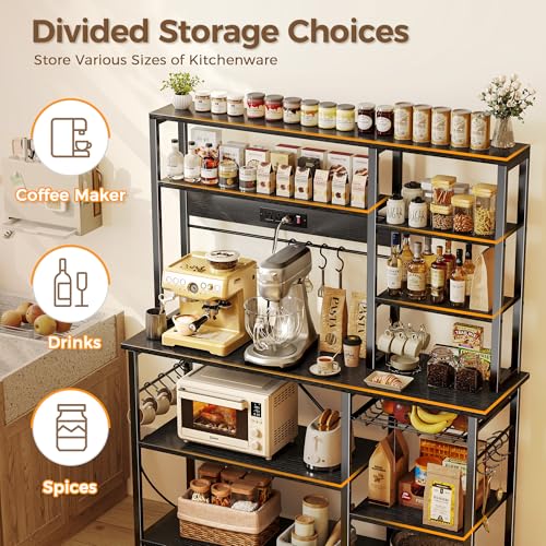 SUPERJARE Larger Bakers Rack with Power Outlets, 6-Tier Microwave Stand, Coffee Bar with 12 S-Shaped Hooks, Kitchen Shelf with Wire Basket, 47.2 x 15.5X 66.9 Inches, Black - color: Black, size: 47.2inch