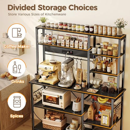 SUPERJARE Larger Bakers Rack with Power Outlets, 6-Tier Microwave Stand, Coffee Bar with 12 S-Shaped Hooks, Kitchen Shelf with Wire Basket, 47.2 x 15.5X 66.9 Inches, Black - color: Black, size: 47.2inch