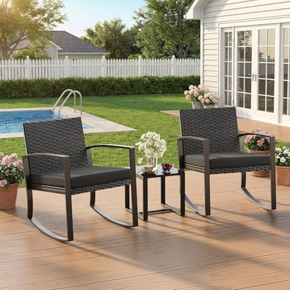 Qsun 3 Pieces Patio Furniture Set Rocking Bistro Set, Outdoor Patio Furniture Set with Coffee Table for Garden Balcony Backyard Poolside (Black Cushion) - color: Black