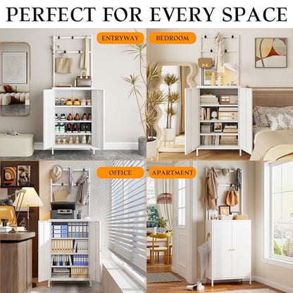 Hall Tree, 72” Shoe Cabinet with Rack, 2-Door Metal Shoe Organizer with 3 Adjustable Shelves & 5 Hooks, Farmhouse Hallway Cabinet for Shoes, Hats, and Keys, White