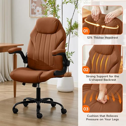 Ylzyxal Office Desk Chair, Ergonomic Computer Chair with Padded Flip-Up Arms and Adjustable Lumbar Support, PU Leather Executive Chair with Tilt Lock and 360° Swivel Rolling Wheels for Work, Study - color: Brown