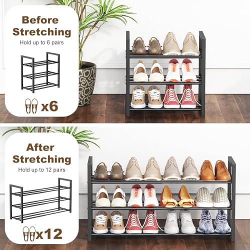 Roylvan 3-Tire 17"-31" Expandable Shoe Rack for Closet, Entryway, Dorm | Fits 6-12 Pairs Shoes, Adjustable Free Standing Shoe Shelf Storage, Shoes Organizer for Small Closet, Metal, Black - size: 3-Tire Black