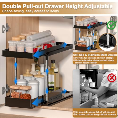 NIUXX Expandable Under Sink Organizer: 2 Tier Height Adjustable Under Cabinet Organizer - Double Pull Out Shelf Under Sink Storage for Kitchen - Bathroom and Laundry Room - Space Saving - size: 27.9"L x 15.51"W-Height adjustable