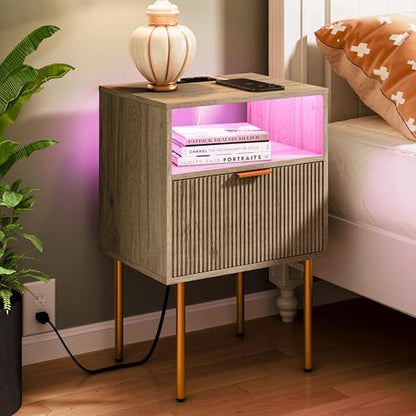 JOONEE Modern Nightstand with Charging Station and LED Lights, White Bedside Table with Drawer, Fluted Side Table for Living Room, Bedroom - color: Grey