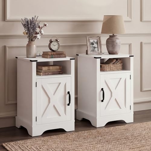 FansaFurn Farmhouse Nightstand Set of 2 with Charging Station, Wooden End Table, Rustic Night Stand with Storage Cabinet and Shelf, Tall Bedside Table for Bedroom, Living Room, White - color: White, size: 16" D × 16" W × 25" H (Set of 2)