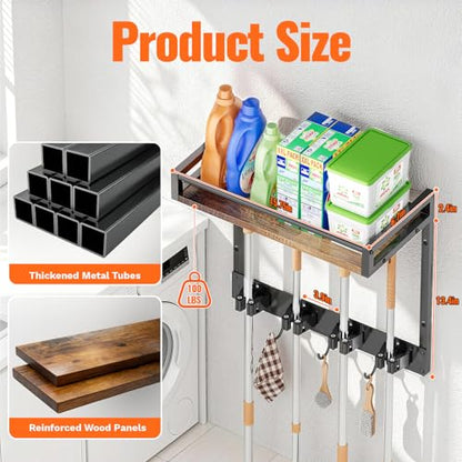 Broom Holder Wall Mount with Shelf, 15.7" Wx6.7 Dx15.7 H, 2 Packs | Load 66LBS, 4 Mop Hanger Grippers, 3 Hooks, for Laundry Room, Garage, Utility Closet, Kitchen - style: 2 Packs