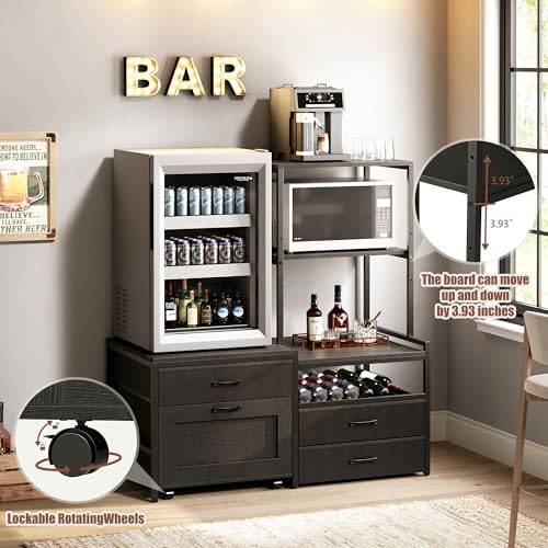 Herture Mini Fridge Stand with Wine Rack, Kitchen Bakers Rack with Power Outlet, Microwave Oven Stand, Coffee Bar, Movable Drawers, for Dorm,Office, Black HB04BXB - color: Black