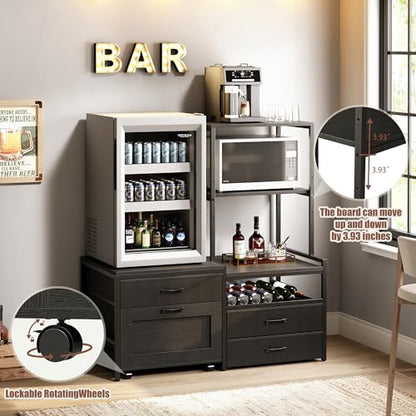 Herture Mini Fridge Stand with Wine Rack, Kitchen Bakers Rack with Power Outlet, Microwave Oven Stand, Coffee Bar, Movable Drawers, for Dorm,Office, Black HB04BXB - color: Black