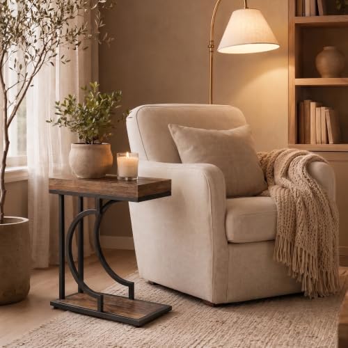 Tribesigns C Shaped Modern End Table for Coach with Metal Frame | Wood Grain, Small Side Table for Living Room, Nightstand for Bedroom, Rustic Brown&Black - color: Rustic Brown&black