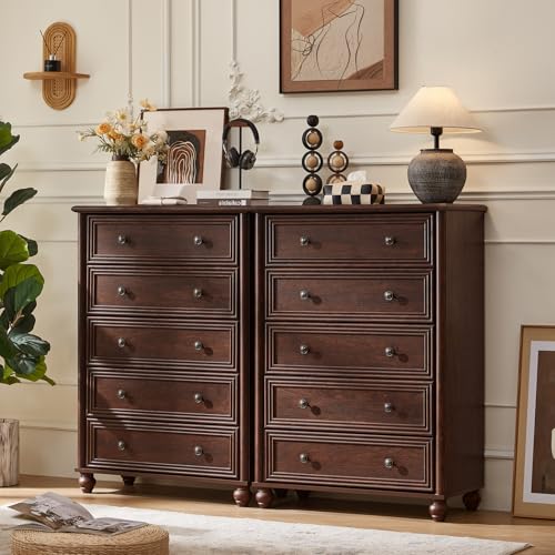 RWYHG Farmhouse 5 Drawer Dresser Set of 2, Chest of Drawers for Bedroom | Tall Walnut Vertical Dressers with 4 Wooden Legs, Metal Handles, Storage Organizer for Living Room, Hallway, Closet - color: Walnut, size: 15.8"D x 31.5"W x 45"H (5 Drawers)