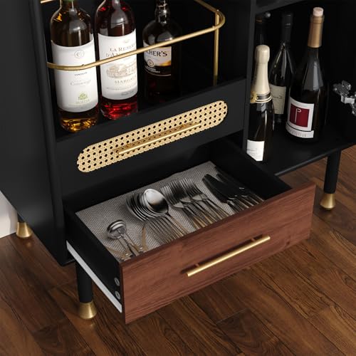 ARTPOWER Modern Coffee Bar Cabinet with Pull-Out Wine Storage, Black | Bar Cart with Wine Glass Rack and Drawers, Liquor Cabinet for Kitchen, Dining Room, Living Room - color: Black
