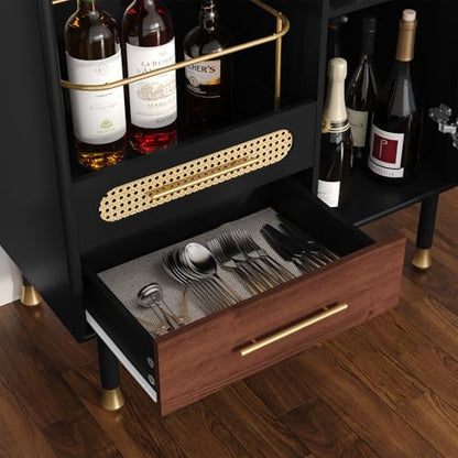 ARTPOWER Modern Coffee Bar Cabinet with Pull-Out Wine Storage, Black | Bar Cart with Wine Glass Rack and Drawers, Liquor Cabinet for Kitchen, Dining Room, Living Room - color: Black