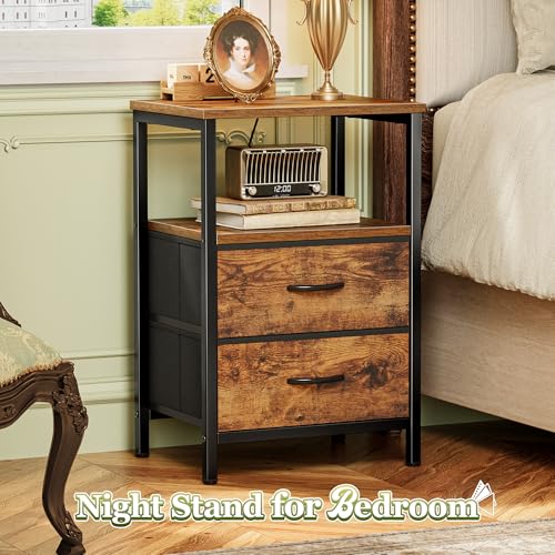 Huuger Night Stand with 2 Drawers, Bed Side Table with Open Shelf, Wooden Top, Nightstand for Bedroom, End Table for Small Space, Fabric Drawer, Rustic Brown - color: Rustic Brown