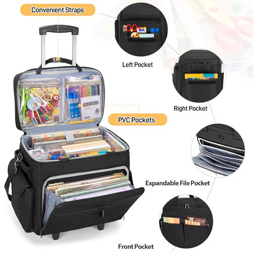 Trunab Rolling Scrapbook Tote with File Pocket & Trolley, Craft Organizer | Expandable File Pocket, Detachable Trolley, Padded Sleeves for 15.6" Laptop, Scrapbooking Supplies & Art Tools - color: Black
