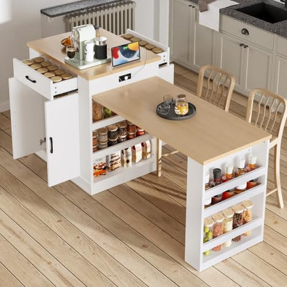 Bellemave Kitchen Island with Extendable Dining Table, 80.7" Kitchen Storage Islands with Double-Door Cabinet, Power Outlet, 2 Drawers & 2 Open Shelves, Temporary Breakfast Bar (White/80.7") - size: 80.7 Inch, style: White 2 Cabinet