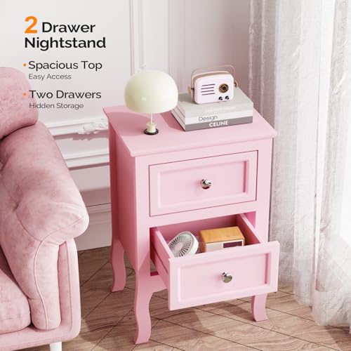 Bonnlo Nightstand with 2 Drawers, Night Stands for Bedrooms, Small Bed Side Table/White Night Stand with Drawers for Small Spaces, College Dorm, Kids’ Room, Living Room, French, 16W x 12D x 24H, Pink - color: Pink