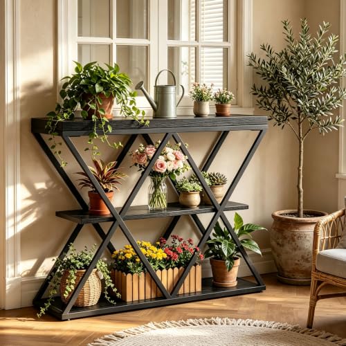 Garvee 3 Tier Console Table,39" Industrial Entryway Table,Open Wood Shelves | Sofa Table,Narrow Wood Accent Tables with Metal Frame for Hallway,Living Room,Behind Couch,Foyer,Entrance,Black - color: Black + X-shaped