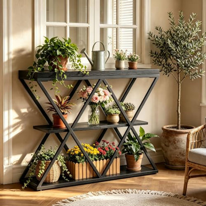 Garvee 3 Tier Console Table,39" Industrial Entryway Table,Open Wood Shelves | Sofa Table,Narrow Wood Accent Tables with Metal Frame for Hallway,Living Room,Behind Couch,Foyer,Entrance,Black - color: Black + X-shaped