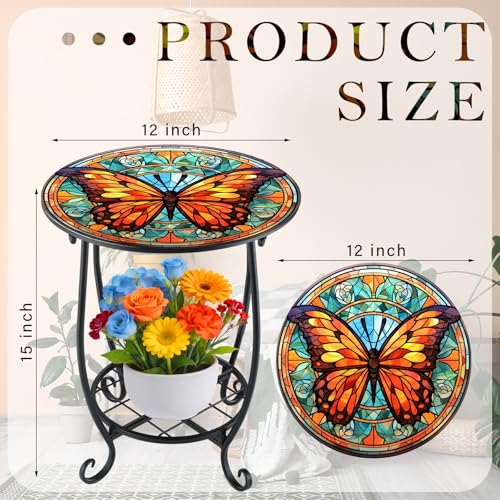 Cinnvoice Outdoor Side Table Round Small Mosaic Patio Accent Indoor End Plant Coffee Tea Table for Yard Patio Porch Garden Living Room, Bedroom(Butterfly B Style,12 Inch) - size: 12 Inch, style: Butterfly B Style