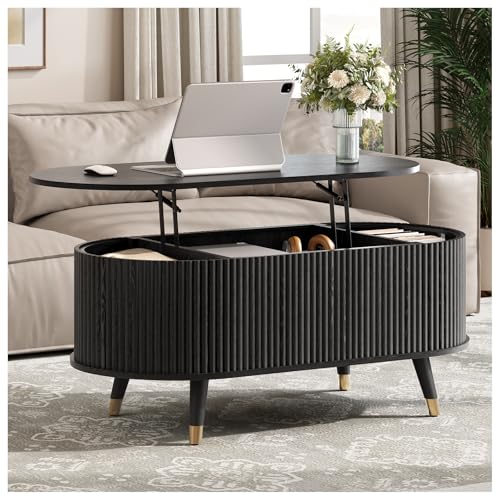 Oval Lift Top Coffee Table with Storage, 42.5” Fluted Coffee Table with Lifting Top & Solid Wood Legs, Mid Century Modern Center Table for Living Room, Home Office, Black - color: Black, size: Oval(lift top)