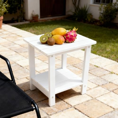 Small Leisure Line Side Table, 2-Tier Adirondack Side Table Outdoor with Open Shelf, 16 in Wooden Deck Table for Patio Porch Pool, 200 Lbs Capacity, Easy Assembly (White) - color: White