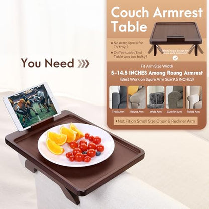 SINWANT Couch Arm Tray Table, Large Space 15.75"x 11.8" Bamboo Couch Armrest Table with 360° Rotating Phone Holder,Foldable Sofa Armrest Tray for Eating Snacks Drinks Remote Books - color: Large Walnut