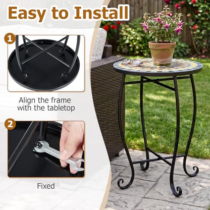Giantex Outdoor Side Table, Bright Sunflower Mosaic Patio Accent Table, 14" Coffee End Table, Indoor Outdoor Metal Plant Stand for Porch Garden Balcony Desk, Metal Cobalt Glass Top - style: Bright Sunflower