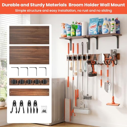 Broom Holder Wall Mount 33.8inch with Wooden Shelf ,Rustic Wood Broom Hanger 5 Racks&4 Hooks,Laundry Room Organization with Steel Garage Storage Hooks, Mop Hanger Broom Rack for Laundry Room, Garage. - size: 33.8"Large