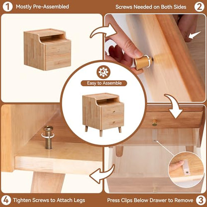 Nightstand Set of 2, Pre-Assembled, 19.7“H Solid Wood Night Stand with 2 Drawers, Open Sliding Shelf, Mid Century Modern Small Bedside Table for Bedroom, Natural Oak 16" - color: Oak-2pack, size: 16"