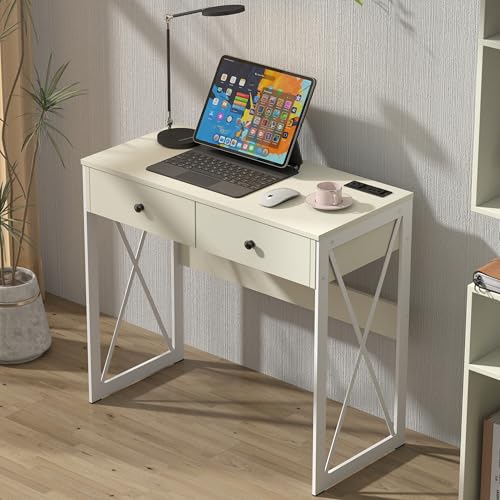 Manora Compact Computer Desk with Power Outlets, 2 Drawers, and Metal Frame, 31.5" Small Desk for Home Office, Study, or Makeup Area, White
