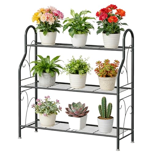 SORCEDAS Plant Stand Indoor Outdoor Plant Shelf 3 Tier Metal Corner Flower Stand Multiple Holder for Patio Garden Balcony Living Room, Dark Grey - size: 3 Tier-Dark Grey