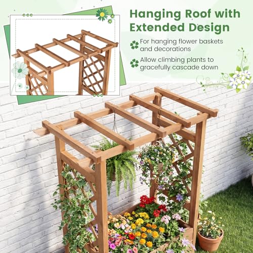 Giantex Raised Garden Bed with Sided Trellis & Roof, 31”x16”x41” Wood Elevated Planter Box, Freestanding Garden Planter Raised Bed for Flowers Herbs Climbing Vines,Brown,1 - color: Brown, size: 31”x16”x41”