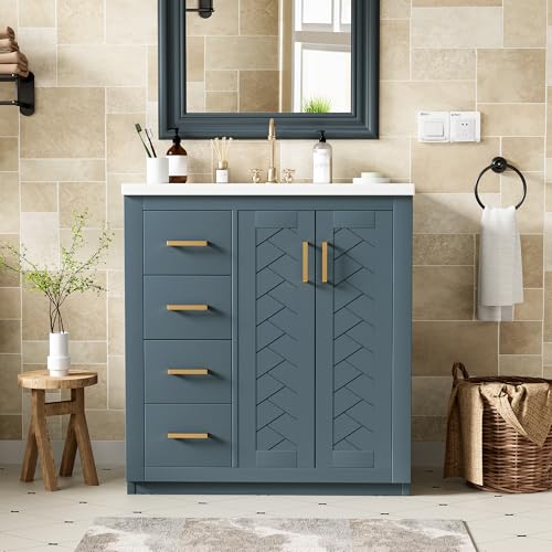 30 Inch Blue-Grey Bathroom Vanity with Sink & Gold Handles,Light Luxury | with Herringbone Pattern Soft Closing Doors,3 Left Drawers,Ceramic Countertop,Solid Wood Frame,Floor-Standing with Toe-Kick - color: Dark Blue, size: 30 Inch(Left Drawers)
