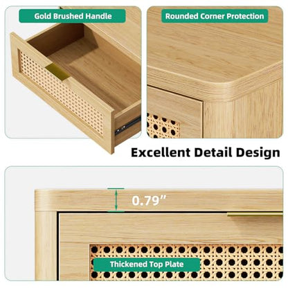 Kalrin Rattan Nightstand with Charging Station, 3 Drawers, Light Oak | 3 Drawers End Table with Storage, Wood Bedside Tables, Boho Larger Night Stand for Bedroom Office - color: Light Oak