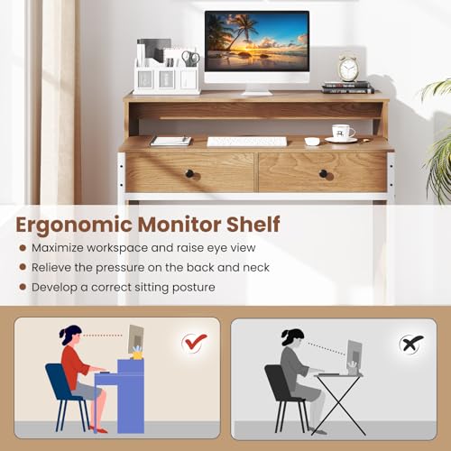 Giantex Small Computer Desk with Hutch & Drawers, Extendable Writing Desk w/Pull Out Secondary Table, Monitor Stand & Rolling Wheels, Console Table, Compact Desk for Small Spaces (Natural) - color: Natural