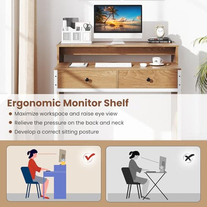 Giantex Small Computer Desk with Hutch & Drawers, Extendable Writing Desk w/Pull Out Secondary Table, Monitor Stand & Rolling Wheels, Console Table, Compact Desk for Small Spaces (Natural) - color: Natural