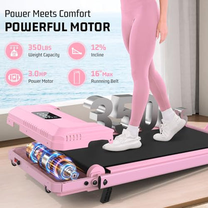 FUNMILY Upgrade Walking Pad Folding Treadmill with 12%/15% Incline & Handle Bar, 3.5HP Foldable Under Desk Compact Treadmills for Home/Office/Gym, 400+lb Capacity, Shock Absorption - color: Light Pink