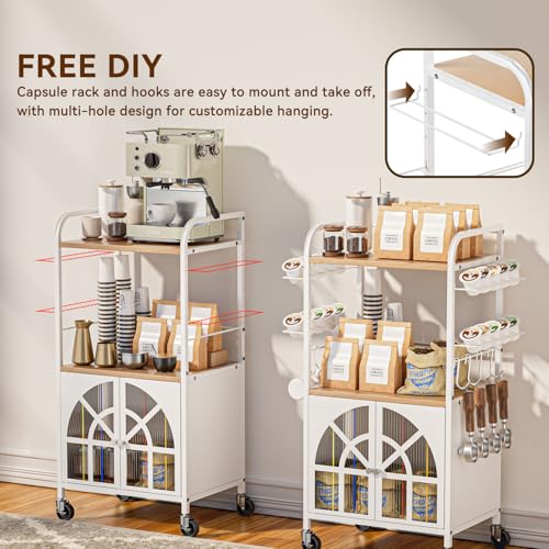 Xubialo 3 Tier Small Rolling Coffee Bar Cart, 16.9 x12 Kitchen Stand Station with Storage, Coffee Station Table on Wheels, 4 K Cup Pod Holder, 8 Hooks for Home, Office