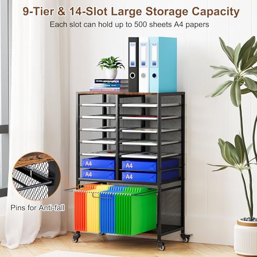 EasyPAG Rolling File Cart with 14 Slot Mail Organizer, Under Desk Storage with Hanging File Rack for Letter/Legal Folders, Mobile Filing Cabinet Printer Stand for Office Home Classroom, Black - size: 14 Slots+Hanging Rack