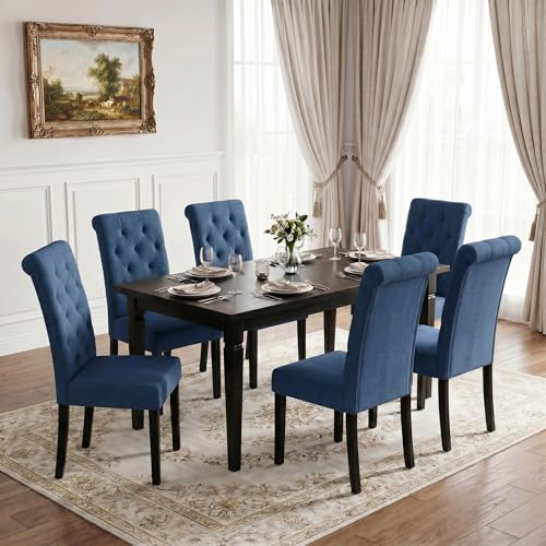 LSSBOUGHT Upholstered Dining Chairs Set of 6,Tufted Parsons Kitchen Chair with Solid Wood Legs, Modern Towel Fabric Side Chair for Dining Room/Restaurant(6pcs,Blue) - color: Blue-fabric, size: Set of 6