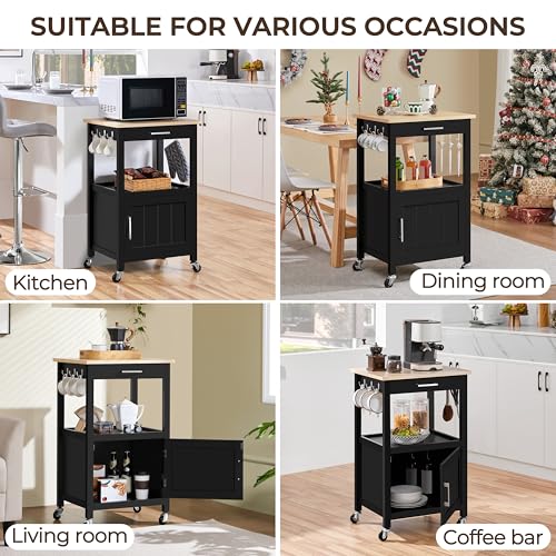 Yaheetech Kitchen Island Cart with Storage, Rolling Kitchen Island on Wheels with 6 Side Hooks, Wood Top Microwave Cart with Drawer for Dining Room, Black - color: Black