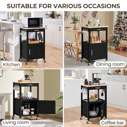 Yaheetech Kitchen Island Cart with Storage, Rolling Kitchen Island on Wheels with 6 Side Hooks, Wood Top Microwave Cart with Drawer for Dining Room, Black - color: Black
