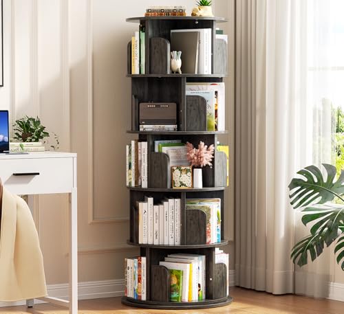 Aheaplus 5 Tier Rotating Bookshelf, Wood Spinning Bookshelf Tower, Round Revolving 360 Bookcase, Narrow Turning Book Shelf Rolling Corner Organizer for Small Space, Bedroom, Office, Black Oak - color: Black Oak, size: 5-Tier